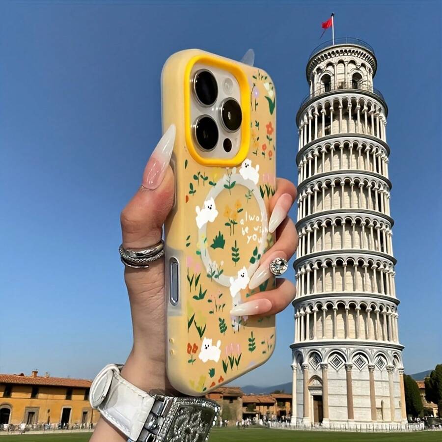 Phone Case: New Fashionable Minimalist Floral Puppy Dopamine Color Skin-Feel Jelly Dual-In-One Magnetic Wireless Charging Phone Case, Halloween, New Year Gift, Christmas Gift, Easter Gift, Halloween Gift, For Family, For Friends. Suitable For - 黃色 - 查看 1