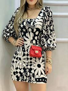 Vestido de longitud hasta la rodilla de tela tejida con estampado de flores y geométrico, adecuado para uso diario casual en verano, vacaciones, primavera, elegante - Negro - Ver 5