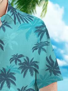 Men'S 3D Plant Print Polyester Hawaiian Shirt Summer Beach Short Sleeve Vintage Floral Casual Regular Fit Breathable Comfortable - 青色 - 查看 4