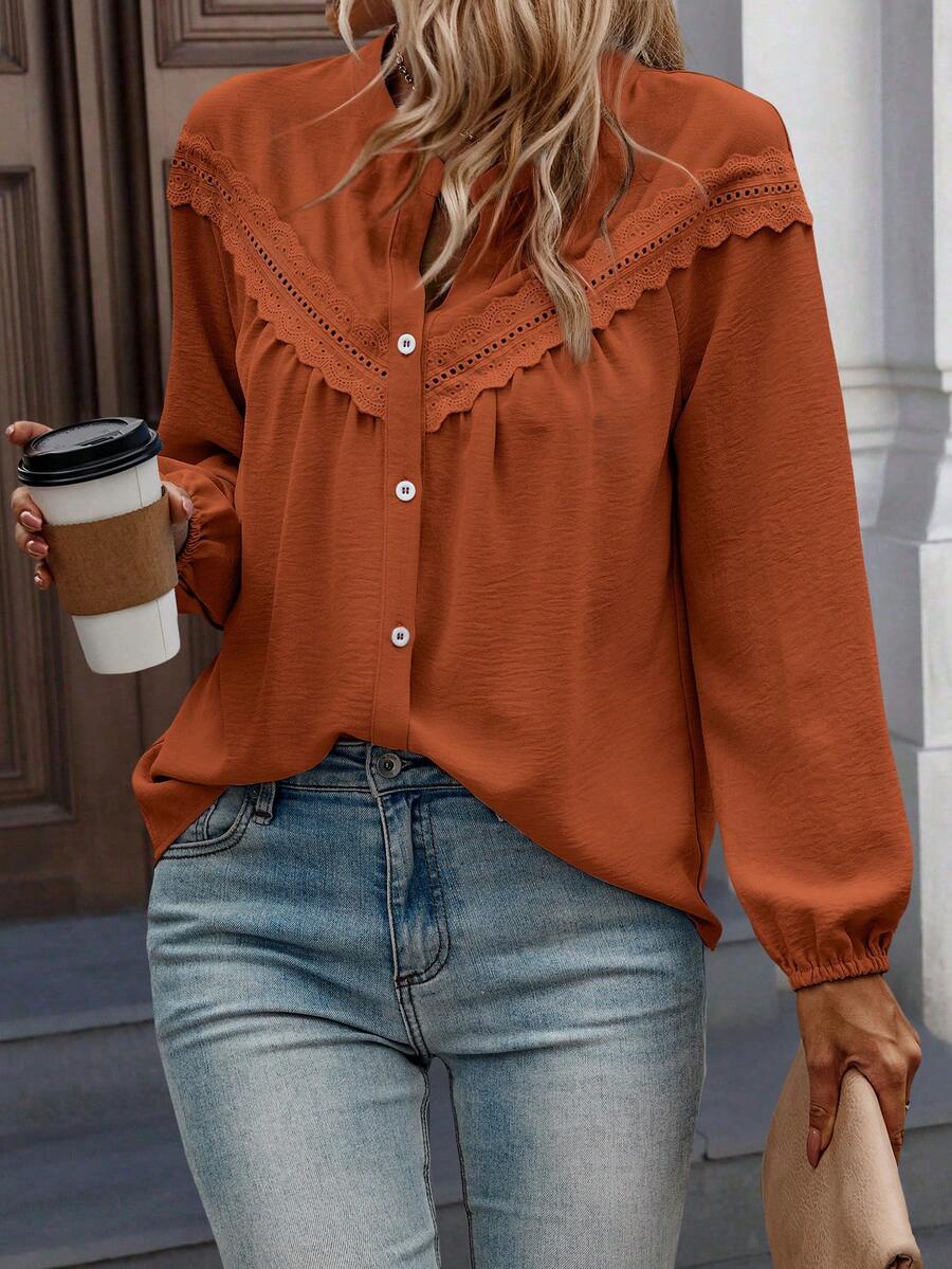 Plus Size Regular Length Long Sleeve Shirt Collar Backless Contrast Floral Lace Detail Top - Brown - View 1