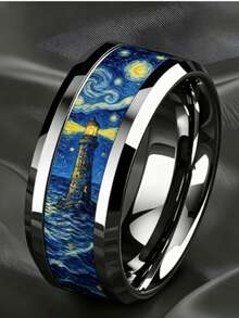 Personalized Artistic Style Ring, Black Tungsten Steel Band, Van Gogh Painting Replica, Men's Accessory - Silver - View 4