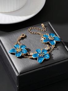 1 chiếc vòng tay trứng hoa hai lớp hình hoa xanh mộng mơ tráng men thủ công phong cách nghỉ hè, quà cưới cho nữ - Màu xanh lam - Xem 2