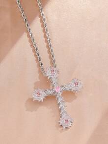 1pc Minimalist Vintage Cross Pink Zirconia Necklace, Clavicle Chain, Suitable For Christian Women Daily Wear Jewelry Accessory, Gift - Cross - View 6