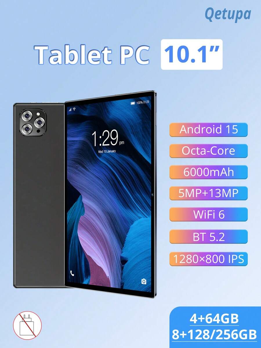 Qetupa Android 15 10.1 英寸平板电脑,4GB RAM + 64GB ROM / 8GB RAM + 128GB ROM / 8GB RAM + 256GB ROM(支持最高 1TB SD 卡扩展),MTK 8788 八核 2.0GHz 处理器,高清 (1280x800) IPS 触控屏,5MP + 13MP 双摄像头,6000mAh 电池,Type-C 接口,支持 802.11ax Wi-Fi 6 和 GPS(不支持 SIM 卡) - 黑色 - 查看 1