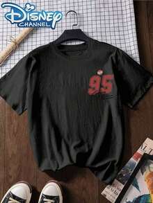T-shirt con stampa di lettere Disney ufficialmente concessa in licenza, giacca casual a maniche corte, adatta per estate e primavera, abbigliamento da donna - nero - Visualizzare 3