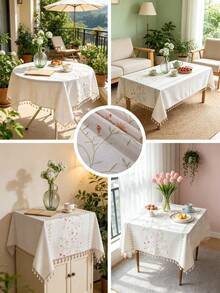 1pc Colorful Embroidered Floral Tablecloth, Rectangular, Beige Tassel Decor, Suitable For Dresser, Coffee Table, Cabinet, Dining Table, Kitchen, Gathering, Dinner, Holiday, Party, Wedding, All Seasons, Spring/Summer - Green Garden - View 3
