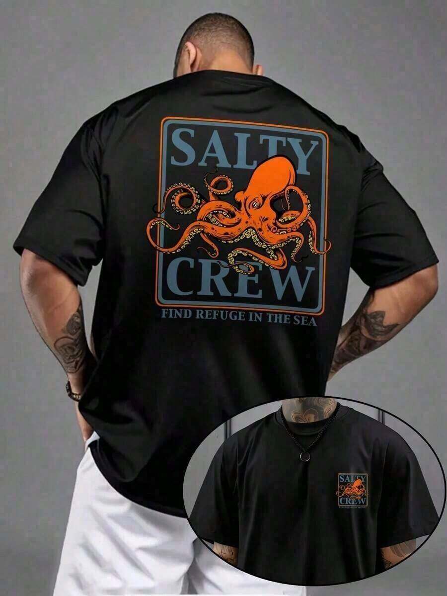 Camiseta de manga corta para hombre Salty Crew con estampado de pulpo azul y naranja, estilo casual para festivales de verano, transpirable y lavable. - Negro - Ver 1