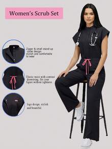 Women's Scrub Set With Pockets, Zipper, Stand Collar, Drawstring Design, Surgical Scrub Set For Clinic Black Fall - Black - View 6