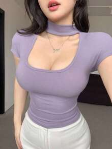 Camiseta de mujer de ajuste ceñido, cuello cuadrado, manga corta, súper corta y tipo boxy para el verano - Morado - Ver 3