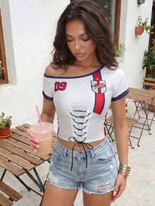 Camiseta corta de mujer casual con cuello asimétrico de malla tipo jersey de México, ajuste ceñido, para verano y primavera, estilo Blokette Blokecore Remake, Copa Mundial 2026 - Multicolor - Ver 5