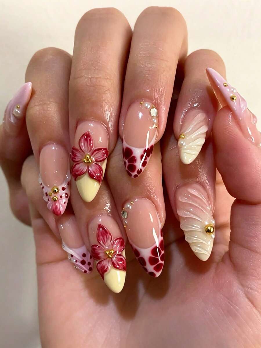 24pcs Almond Color Press-On Nails, Summer Pink 3D Flower Shell Texture With Gold Bead Decor And Polka Dot Gradient French Pointed Nails, Suitable For Artificial Nail Set, Ideal For Women And Girls For Spring Daily Work, Study And Party Use - Multicolor - View 1