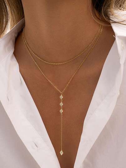 Women's Necklace Set, Bohemian Layered Beach Vacation Style, Multi-Layer Sparkling Copper Inlaid Zirconia Tassel Rhombus Star Zirconia Pendant Y-Shaped Delicate Chain Necklace Set, Daily Wear, Valentine's Day, Mother's Day Accessory Gift