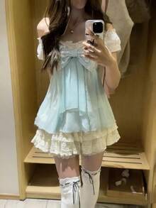 Japanese Sweet Lace Bubble Hem Sleeveless Cute Short Mini Kawaii Feminine Vintage Y2K Retro Summer Dress 2026 Outfit For Women - 7019 米色短套裝 - 查看 2