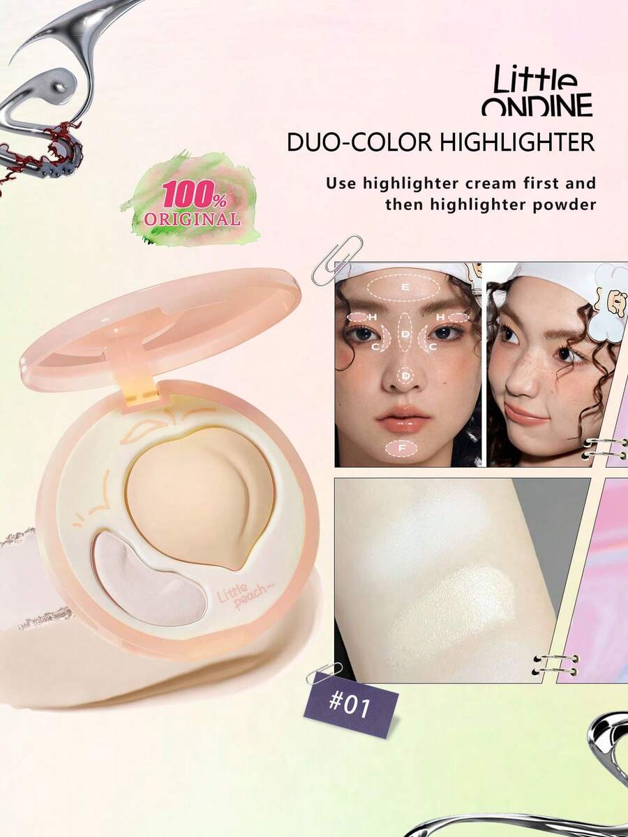 Little Ondine Duo-Color Highlighter 01, 2-In-1 Highlighter & Contour, Pink Highlighter & Natural Contour, Rosy Brightening & Shaping, Dewy Glow, Buildable Color, Long-Lasting, Lightweight Travel-Friendly, GIFT