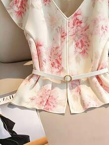 Women's Casual Commuting Shiny Draping Pink Floral Print V-Neck Ruffle Metallic Belt Puff Sleeve Blouse Shirt, Spring/Summer - Red and White - View 3