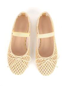 Ballet Flats For Womens Mesh Flat Breathable Closed Round Toe Bowknots Elastic Strap Party Dressy Dancing Casual Comfortable Raffia Ballerina Fishnet Shoes Chic Spring Summer Sandals For Ladies - 杏色 - 查看 2