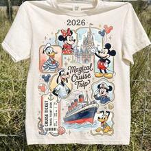 Disney Women's T-Shirt 1PC Licensed "Vintage Framed Nautical‑Style 2026 Magical Cruise Trip Collage Featuring Captain Mickey, Minnie, Donald, Goofy, Pluto, Cruise Ticket, Magic Odyssey Ship & Cinderella Castle" Cartoon Printed Oversized T‑Shirt, Short Sleeve Tee For Disney Cruise Vacations & Family Trips. 2026 New Style, Ideal For Family Matching Outfits, Unisex For All Ages. High‑Quality Cotton Fabric, Soft & Breathable. Elegant Retro‑Watercolor Design Decorated With Anchors, Seashells, Mickey‑Shaped Balloons And Star Accents, Perfect Gift For 2026 Disney Cruise‑Line Family Travel. - White - View 1