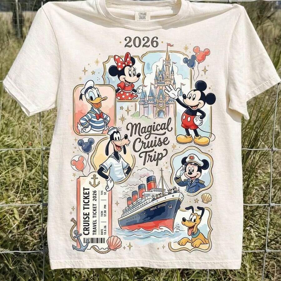 Disney Women's T-Shirt 1PC Licensed "Vintage Framed Nautical‑Style 2026 Magical Cruise Trip Collage Featuring Captain Mickey, Minnie, Donald, Goofy, Pluto, Cruise Ticket, Magic Odyssey Ship & Cinderella Castle" Cartoon Printed Oversized T‑Shirt, Short Sleeve Tee For Disney Cruise Vacations & Family Trips. 2026 New Style, Ideal For Family Matching Outfits, Unisex For All Ages. High‑Quality Cotton Fabric, Soft & Breathable. Elegant Retro‑Watercolor Design Decorated With Anchors, Seashells, Mickey‑Shaped Balloons And Star Accents, Perfect Gift For 2026 Disney Cruise‑Line Family Travel. - White - View 1
