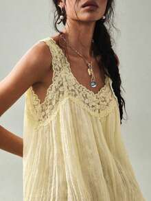 Blusa de uso diario versátil y casual con parches de encaje para mujer - Amarillo claro - Ver 4