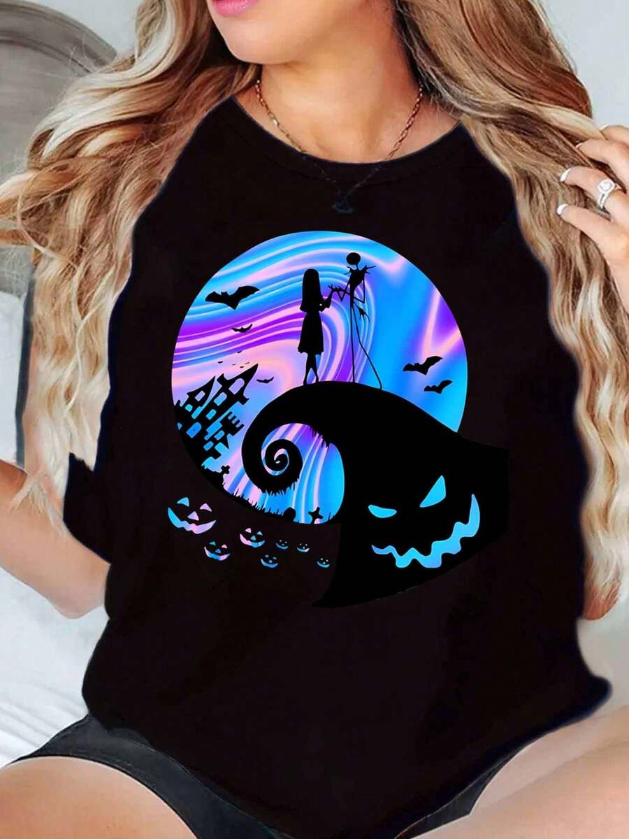 Nightmare Before Christmas Jack Skellington And Sally Silhouette Print Disney Women T Shirt Round Neck Short Sleeve Halloween Costume Party Soft Comfortable 220g - màu đen - Xem 1