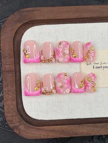 10pcs Y2K Nails Square Press On Nails Set - Handcrafted, Pink Nails, Gold Nails, Pink French Tip Nails, Handmade 3D Pink Flowers Nail Art, Hand Drawn Pink Gradient Nails, Pink Little Flowers And Gold Rhinestone Decoration, Nails Handmade, Sparkling Gold Sea Star And Gold Seashell Decoration, Delicate Graceful Nails - Perfect For Parties & Casual Attire, Perfect Holiday Gift For Women And Girls - Multicolor - View 1