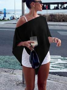 Women's Fashionable Solid Color Knit Shawl Cover Up Vacation - Black - View 1
