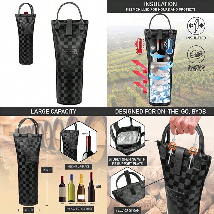 opux - Bolsa de vino para una sola botella bolsa aislada para enfriar vino de viaje para picnic o playa regalo térmico y portátil con un soporte para botellas funda de transporte para mujeres - Cuadro negro - Ver 1
