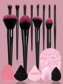 18PCS Professional Makeup Kit,Makeup&Cleaning Tools,Black&Pink Brushes With Beauty Tools,Complete Set For Foundation,Eyeshadow,Blush&Daily Skincare,All-In-One Kit - Black - View 2