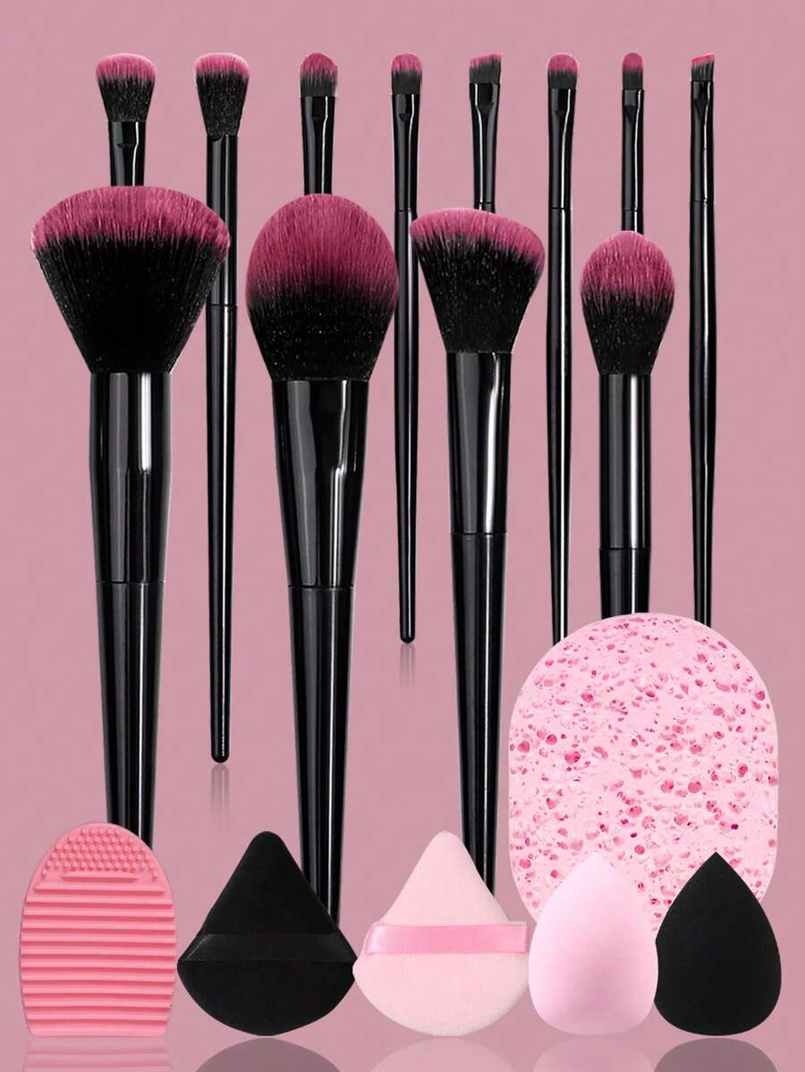 18PCS Professional Makeup Kit,Makeup&Cleaning Tools,Black&Pink Brushes With Beauty Tools,Complete Set For Foundation,Eyeshadow,Blush&Daily Skincare,All-In-One Kit