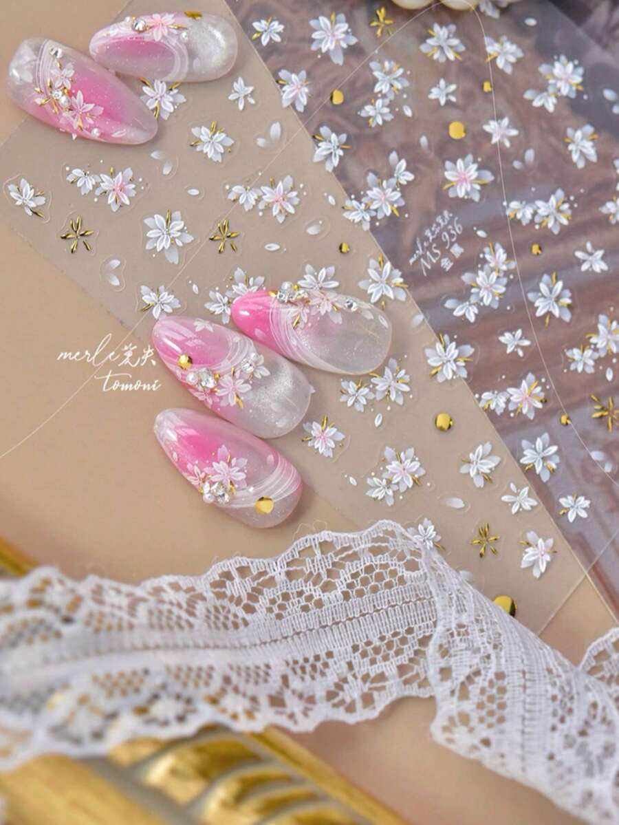 1片粉色櫻花美甲貼紙 春季花卉燙金美甲貼 自黏式美甲裝飾貼片 適合美甲飾品 DIY 秋季與夏季