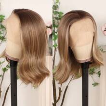 Glueless 13X4 Platinum Blonde Short Wave Lace Front Wig Pre Plucked Hairline Soft Bob Wavy Wigs 14 Inch Heat Resistant Ombre Blonde Colored Bob Wavy Synthetic Hair Replacement Wigs Breathable HD Lace 180% Density Wear And Go Wigs For Women Girls Daily & Party Use - 漸層棕色 - 查看 3