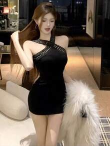 Autumn And Winter New Style Hollow String Inner Dress Women's High-End Light Luxury Sexy Pure Bucket Desire Hot Girl Hip Cover Short Skirt - Black - View 2