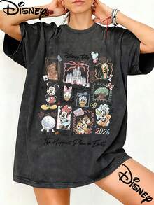Disney 2026 Disney Trip Happiest Place On Earth Doodle Full Character Graphic Washed Unisex TShirt, 100% Cotton Oversized Vintage Short Sleeve Tee, Vacation Family Themed Casual Top - màu đen - Xem 1