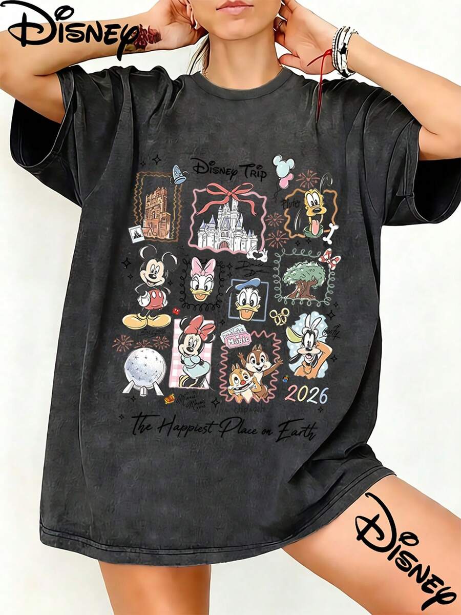 Disney 2026 Disney Trip Happiest Place On Earth Doodle Full Character Graphic Washed Unisex TShirt, 100% Cotton Oversized Vintage Short Sleeve Tee, Vacation Family Themed Casual Top - màu đen - Xem 1