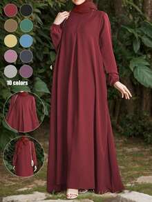 Women's Solid Color Long Sleeve Round Neck Woven Dress With Pockets, Elegant Autumn Gown - Burgundy - View 2