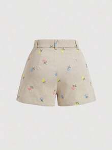 MOD Shorts casuales de verano para mujer con bordado floral - Albaricoque - Ver 2
