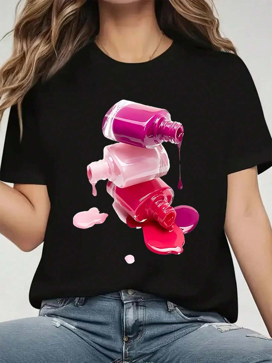 Women's T-Shirt With Nail Polish Print - Short Sleeve Crew Neck Blouse With Vertical Nail Polish Stripe Designs (TP-1), Casual And Sporty Top, Machine Washable, Spring And Summer Outfits For Nail Enthusiasts, Year-Round Wear 10417701 - 黑色 - 查看 1