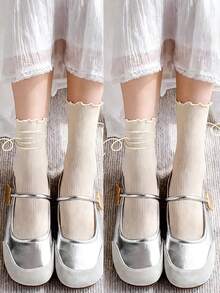 1 Pair White Thin Striped Ruffle Short Socks, High Elasticity Soft Breathable, Sweet Lolita Style, Perfect For Daily Casual Dating Lolita Outfits - Multicolor - View 17