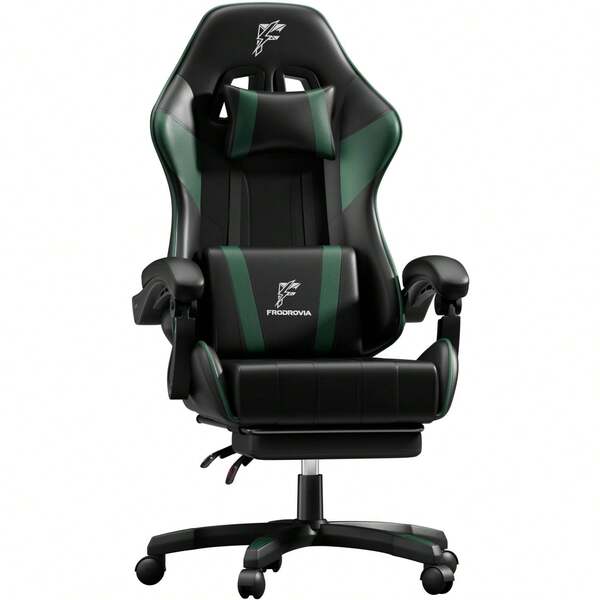 Fauteuil de jeu avec repose-pieds, accoudoirs intégrés, rembourrage en mousse, dossier inclinable à 135°, soutien lombaire et de la tête – Fauteuil de bureau ergonomique en PU pour bureau à domicile, espace de jeu, chambre et salon