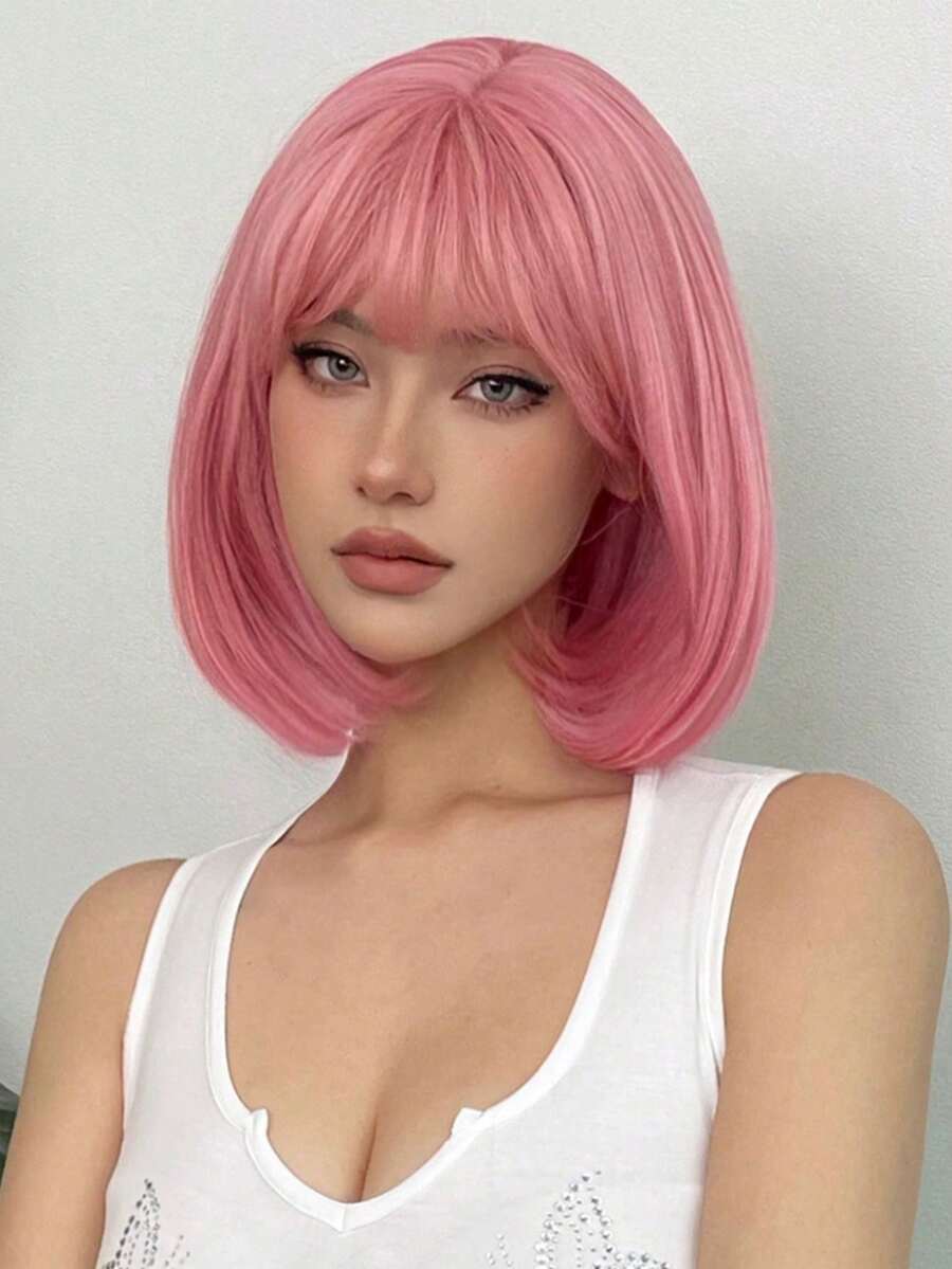 Women's Elegant Pink Bob Wig, Heat-Resistant Fiber, Straight Hair, Rose Net Cap, 100% Density, Suitable For Everyone - Versatile Pink Shoulder-Length Wig - 彩色 - 查看 1