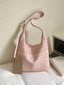 1pc Women's Contrast Plaid PU Shoulder Crossbody Bag, Large Capacity Crescent Shaped Handbag, Suitable For Commuting, Shopping, Gift - Pink - View 4