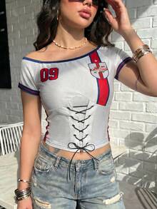 Camiseta corta de mujer casual con cuello asimétrico de malla tipo jersey de México, ajuste ceñido, para verano y primavera, estilo Blokette Blokecore Remake, Copa Mundial 2026 - Multicolor - Ver 6