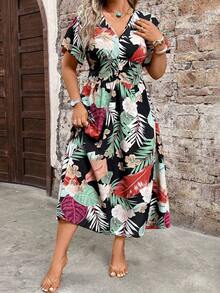 Vestido floral de manga corta con cuello en V, cintura ceñida, de talla, elegante y de moda para primavera/verano - Multicolor - Ver 5