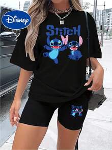 The Lilo & Stitch "Double Stitch" T-Shirt & Biker Shorts Set Is A Casual Women's T-Shirt And Yoga Pants Set, Perfect For Summer Travel And Lounging At Home. It's A Disney-Licensed, Stylish, Soft, And Comfortable Workout Set. - 黑色 - 查看 1