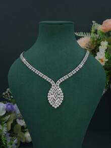 5pcs Luxury Series Royal Style Large Geometric Design Bridal Wedding Set, Handmade Inlaid White Cubic Zirconia, Includes Necklace, Bracelet, Earrings, Ring, Suitable For Daily Wear And Wedding, Wedding Anniversary Gift. (High-End Gift Box Packaging) Free - Geometric Shape Set - View 5