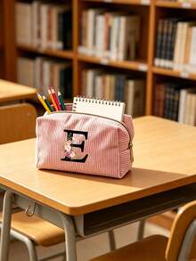 Customized A-Z Letter Corduroy Pencil Case, Customized Initial, Back To School Essential Pencil Bag, Valentine's Day Gift Makeup Bag, Ramadan Gift Choice, Large Capacity Travel Cosmetic Organizer (Smooth Zipper), Fresh And Cool Pink & White Letter Print Design, Lightweight And Foldable, Portable And Easy To Store, Thoughtful Gift For Girlfriend/Bridesmaid, Durable Toiletry Organizer For Home And Travel, Popular Back To School Gift - Multiple Styles - View 8