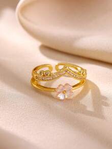 1Pc Fashion Cubic Zirconia Crown Ring For Women Gold Color Flowers Geometric Open Ring Wedding Party Jewelry Gift - Gold - View 3