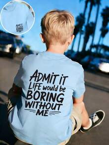 Tween Boy-Slogan Print T-Shirt, Suitable For Boys Outdoor Sports, Boys Spring/Summer Casual Versatile Top - Baby Blue - View 3