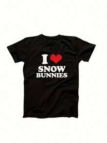 Herr T-shirt för Skid- och Snowboardåkning med Snökaninmotiv - 140g Vinter Sportkläder med "I Love Snow Bunnies"-tryck, Maskintvättbar Rundhalsad Casual Tröja Lämplig för Skidåkning, Snowboardåkning, Födelsedagspresenter till Skidentusiaster - Svart - Visa 7