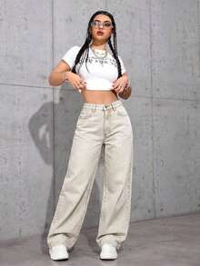Women's Pocketed Wide Leg Relaxed Casual Denim Jeans - Màu Khaki - Xem 4